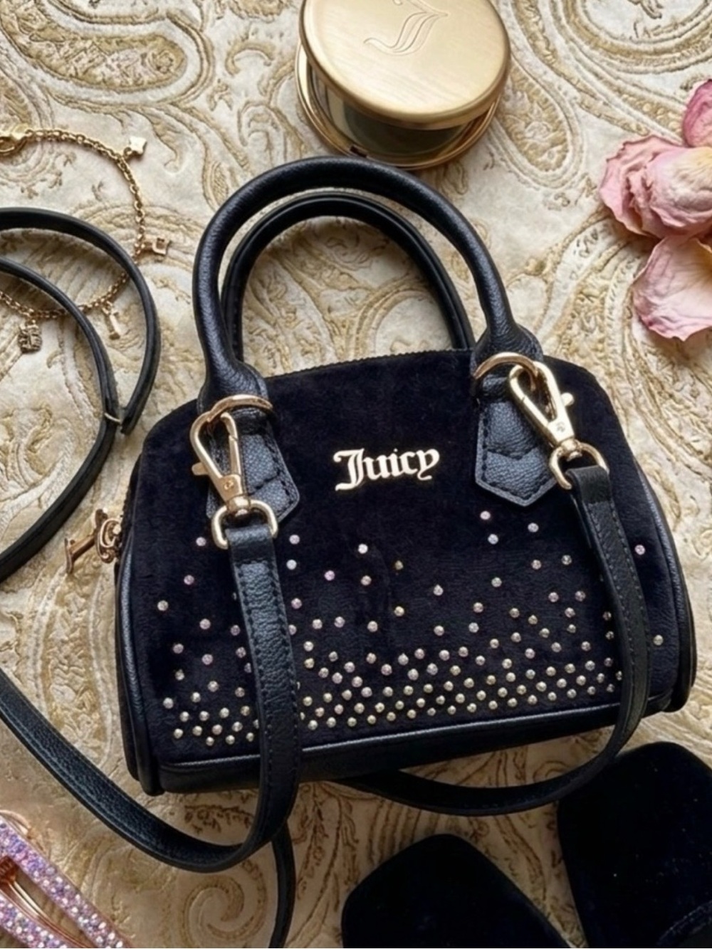 Juicy Couture Mini Rhinestone Velour Satchel Bling Y2K Micro Bag Whimsygoth